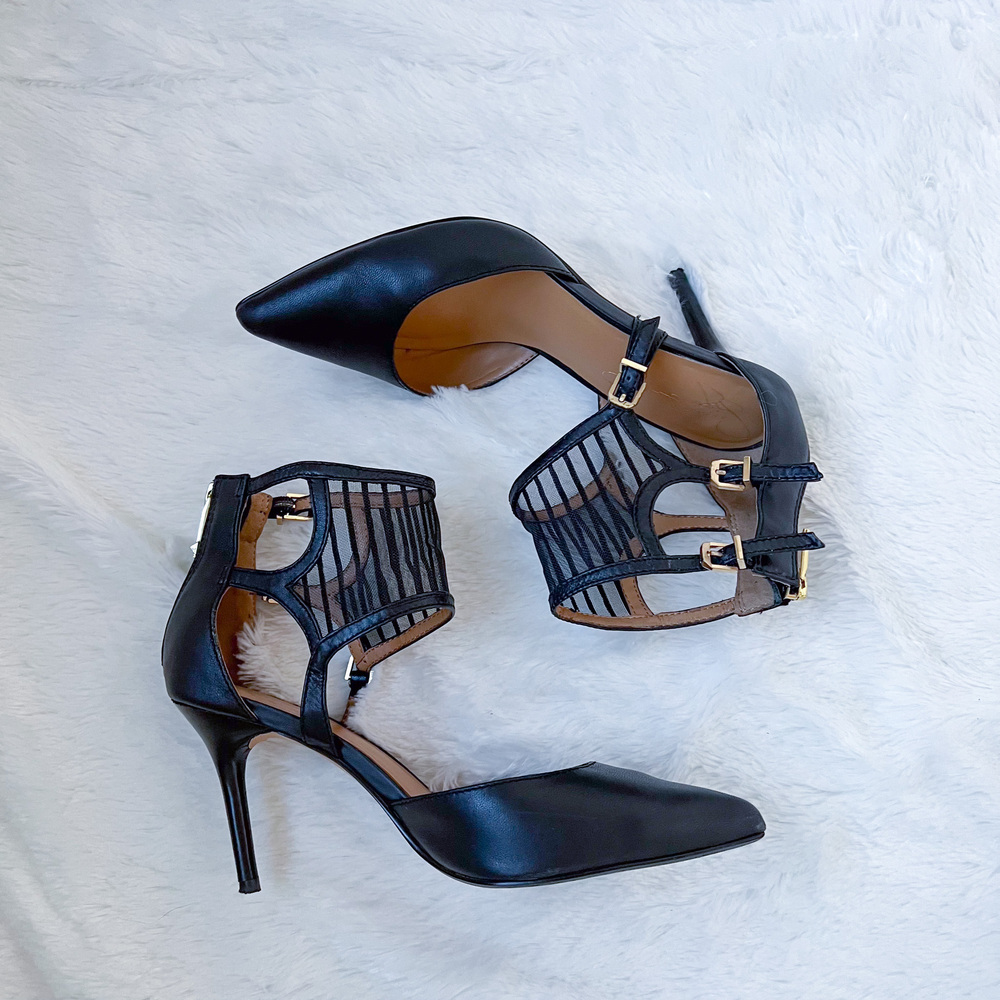 Report Signature Latrice D Leather Black Strappy Pumps Heels Size 8